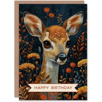Artery8 Birthday Card Cute Forest Fawn Baby Deer Autumn Flowers For Child Kids Son Daughter Greeting Card in Brown