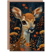 Artery8 Birthday Card Cute Fawn Baby Deer Autumn Forest Flowers For Child Kids Son Daughter Greeting Card in Brown