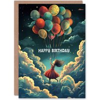 Artery8 Birthday Card Balloons Girl Flying Night Sky Stars Clouds For Child Kids Son Daughter Greeting Card in Dark Blue