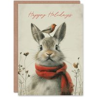 Artery8 Christmas Card Cute Bunny Rabbit Robin Bird Winter For Child Kids Son Daughter Greeting Card in Grey