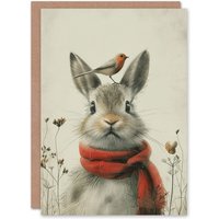 Artery8 Birthday Card Cute Rabbit Bunny Robin Bird Winter For Child Kids Son Daughter Greeting Card in Grey