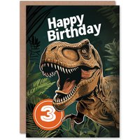 Artery8 Birthday Card Jurassic Dinosaur Roaring T-Rex Jungle 3rd 3 Year Old For Child Kids Son Daughter Greeting Card in Green
