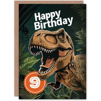 Artery8 Birthday Card Jurassic Dinosaur Roaring T-Rex Jungle 9th 9 Year Old For Child Kids Son Daughter Greeting Card in Green