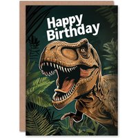 Artery8 Birthday Card Jurassic Dinosaur Roaring T-Rex Jungle For Child Kids Son Daughter Greeting Card in Green