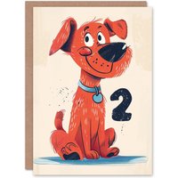 Artery8 Birthday Card Red Dog Lover Pet Puppy Cute Cartoon 2nd 2 Year Old For Child Kids Son Daughter Greeting Card