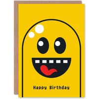 Artery8 Birthday Card Happy Yellow Ghost Retro Video Game Style For Child Kids Son Daughter Greeting Card