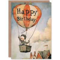 Artery8 Birthday Card Hot Air Balloon Adventure Drawing Cute For Child Kids Son Daughter Greeting Card in Red