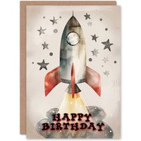 Artery8 Birthday Card Space Rocket Ship Stars Watercolour For Child Kids Son Daughter Greeting Card in Grey