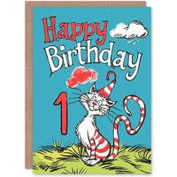Artery8 Birthday Card Cat Lover Red Stripes Hat Kitty Strange Fun 1st First One Year Old For Child Kids Son Daughter Greeting Card in Blue