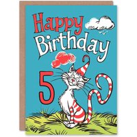 Artery8 Birthday Card Cat Lover Red Stripes Hat Kitty Strange Fun 5th 5 Year Old For Child Kids Son Daughter Greeting Card in Blue