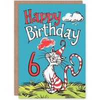 Artery8 Birthday Card Cat Lover Red Stripes Hat Kitty Strange Fun 6th 6 Year Old For Child Kids Son Daughter Greeting Card in Blue