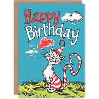 Artery8 Birthday Card Cat Lover Red Stripes Hat Kitty Strange Fun For Child Kids Son Daughter Greeting Card in Blue