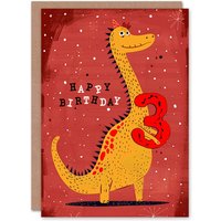 Artery8 Birthday Card Spiky Yellow Red Dinosaur Cartoon Cute 3rd 3 Year Old For Child Kids Son Daughter Greeting Card