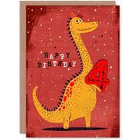 Artery8 Birthday Card Spiky Yellow Red Dinosaur Cartoon Cute 4th 4 Year Old For Child Kids Son Daughter Greeting Card