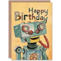 Artery8 Birthday Card Happy Retro Robot Watercolour Painting For Child Kids Son Daughter Greeting Card in Beige