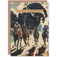 Artery8 Men's Father's Day Card Horse Racing Racecourse Painting For Dad Father Greeting Card in Grey