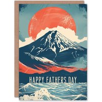 Artery8 Men's Father's Day Card Mount Fuji Japanese Sunset Sun Coast Dad Father Greeting Card in Blue