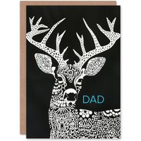 Artery8 Men's Father's Day Card Deer Stag Black White Folk Art Design Dad Father Greeting Card