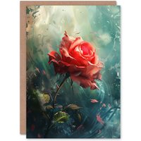 Artery8 Single Red Rose Flower Morning Mist Painting Greeting Card Birthday in Blue