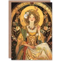 Artery8 Alphonse Mucha Style Woman Floral Art Nouveau Greeting Card Birthday in Yellow