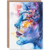 Artery8 Ethereal Woman Face Portrait Floral Watercolour Greeting Card Birthday in Blue