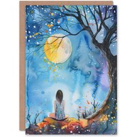 Artery8 Full Moon Gazing Autumn Night Watercolour Greeting Card Birthday in Blue
