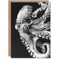 Artery8 Octopus Black White Drawing Ernst Haeckel Style Greeting Card Birthday in Grey