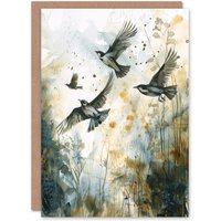 Artery8 Birds in Flight Autumn Watercolour Painting Greeting Card Birthday in Green