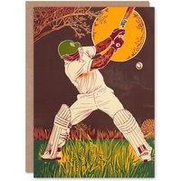 Artery8 Cricket Player Batsman Portrait Painting Greeting Card Birthday in Brown