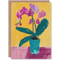 Artery8 Orchid Flower Pot Orange Lilac Green Painting Greeting Card Birthday in Yellow
