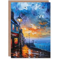 Artery8 Seaside Town Promenade Sunset Oil Painting Greeting Card Birthday in Blue