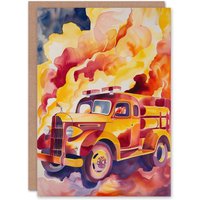 Artery8 Fire Truck on Fire Orange Lilac Red Watercolour Greeting Card Birthday