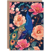 Artery8 Peacock Bird with Pink Flower Pattern Design Greeting Card Birthday in Blue