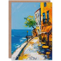Artery8 French Seaside Town Cafe Street Oil Painting Greeting Card Birthday in Blue
