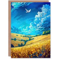 Artery8 Golden Yellow Wheat Fields Countryside Landscape Greeting Card in Blue