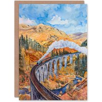 Artery8 Steam Train Glenfinnan Viaduct Railway Bridge Greeting Card Birthday in Yellow