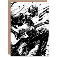 Artery8 Guitarist Playing Guitar Black White Ink Drawing Greeting Card