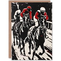 Artery8 Jockeys in Horse Racing Scene Black Red Modernist Greeting Card