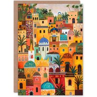 Artery8 Colourful Moroccan Cityscape Painting Exotic Sun Greeting Card in Orange