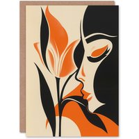 Artery8 Bold Minimal Lady Kissing Rose Flower Artwork Greeting Card Birthday in Orange