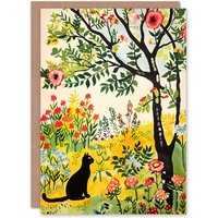 Artery8 Cat Under Tree in Wildflowers Folk Art Painting Greeting Card Birthday