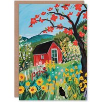 Artery8 Red Cabin in Wildflower Valley Painting Colourful Greeting Card
