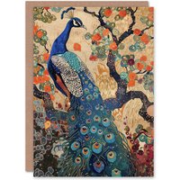 Artery8 Peacock in Tree with Wildflowers Artwork Detailed Greeting Card in Beige