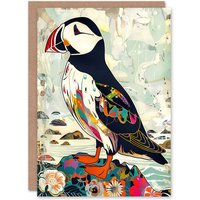 Artery8 Colourful Patterned Puffin Artwork Mosaic Floral Greeting Card