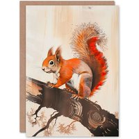 Artery8 Red Squirrel on Tree Branch Painting Drawing Greeting Card Birthday in Brown