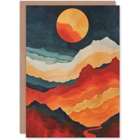 Artery8 Sunset Over Mountain Canyon Artwork Landscape Greeting Card Birthday in Orange