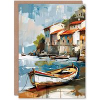 Artery8 Fishing Village Oil Painting Boats Coastal Summer Greeting Card in Blue