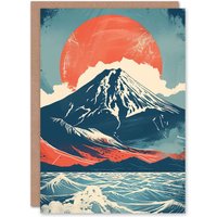 Artery8 Mount Fuji Sun Japanese Bold Artwork Blue Orange Greeting Card