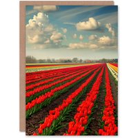 Artery8 Tulip Fields Blue Sky Painting Holland Modern Greeting Card Birthday in Red