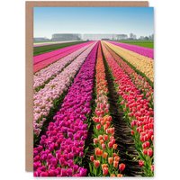 Artery8 Pink Tulip Fields Holland Artwork Summer Floral Greeting Card Birthday